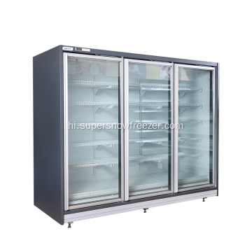 3 ग्लास दरवाजा वाणिज्यिक रेफ्रिजरेटर जमे हुए भोजन प्रदर्शित करता है